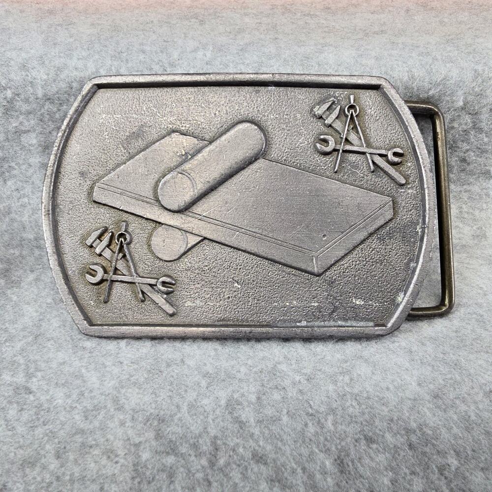 Vintage Belt Buckle Tools 1.5" Belt Silvertone Drafting Occupational Tools